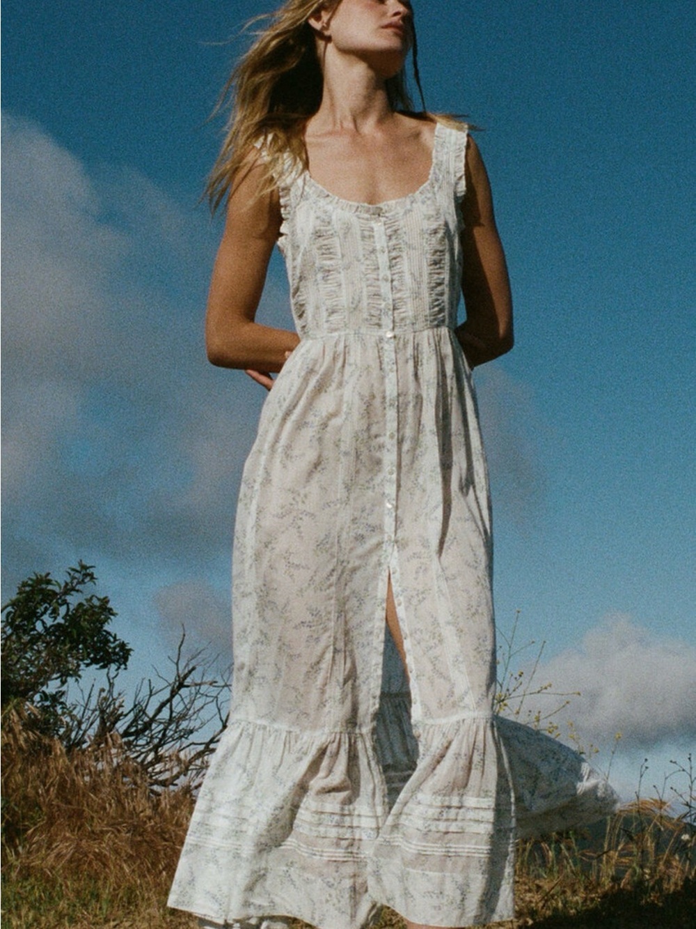 Doen Claribelle Cotton Midi Dress in Blanc Bluebell Ballad
